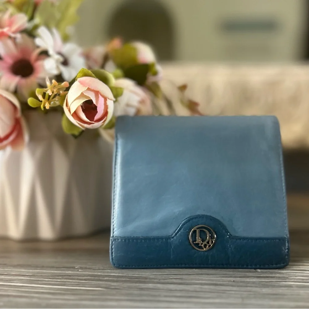 Dior Rare Dusty Sky Blue Soft Lambskin Genuine Leather Compact Wallet Purse